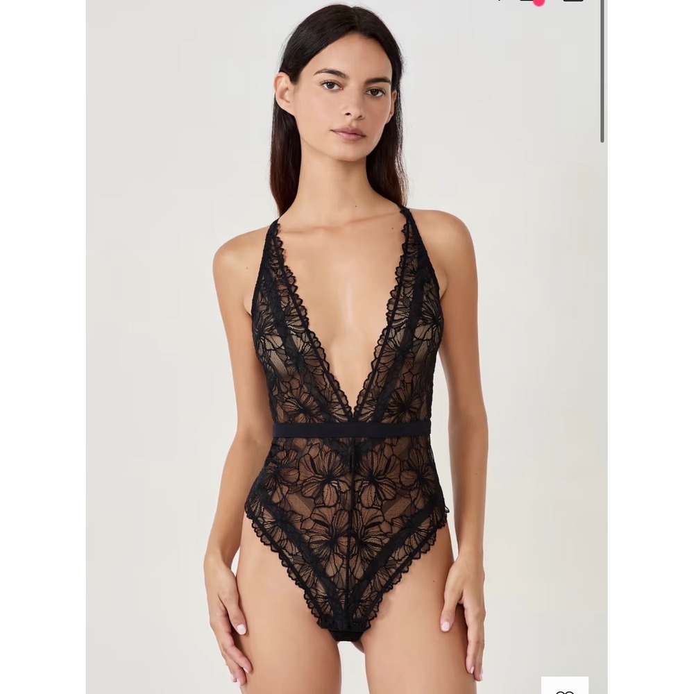 Etam Hedonisme Wireless Lace Bodysuit Black Plunging V-Neck Large